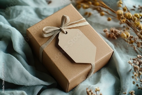 Mockup of a Tag on a Brown Craft Box with a Ribbon Space for Text Copy Space Empty Postcard Layout