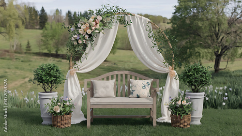 Elegant floral archway and bench create a romantic outdoor wedding setting, bathed in sunlight.