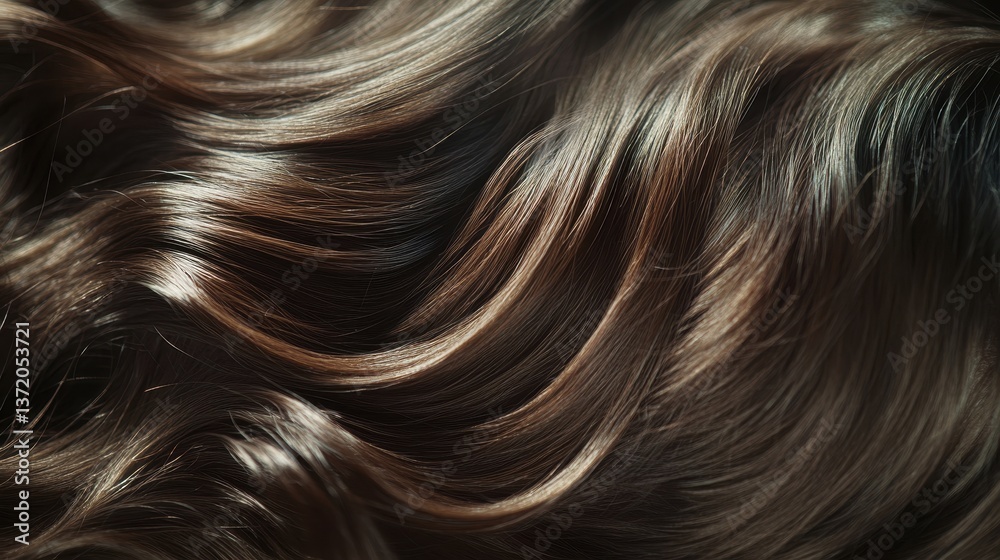Naklejka premium Beautiful model girl with Brown hair strand,silky healthy chestnut wavy hair strand,hair wavy ribbon, with smooth,Keratin straightening,Treatment,straight long hair,procedures,Smooth hairstyle.