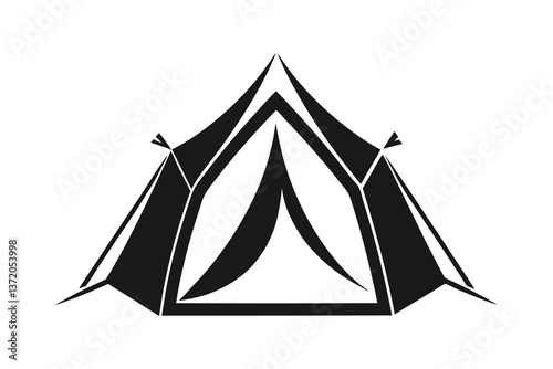 Camping tent silhouette isolated on white background. Triangle tourist tent icon in outline design.