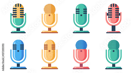 Colorful microphones stand in a row, representing audio recording and broadcasting equipment.