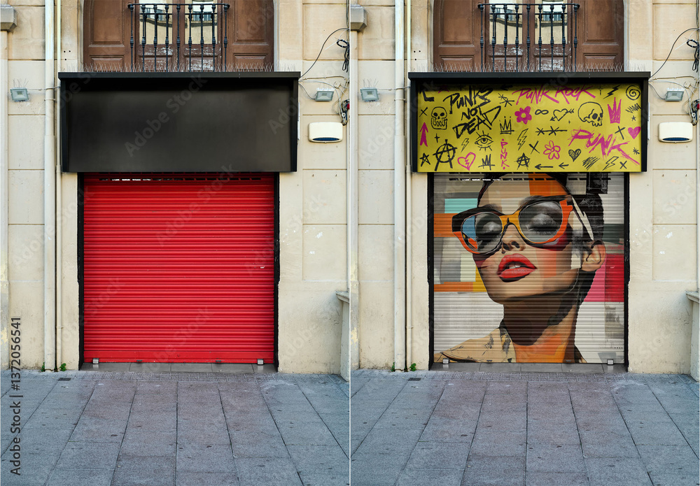 Shuttered Storefront Urban Mockup Featuring a Red Shuttered Storefront and top poster for ...
