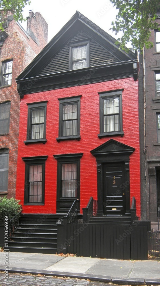 Red brick building with black trim and windows surrounded by other buildings and lush trees Red brick building with black trim and windows surrounded by other buildings and lush trees
