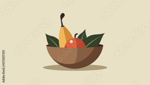 Colorful fruit bowl illustration with bananas and an apple on a light background
