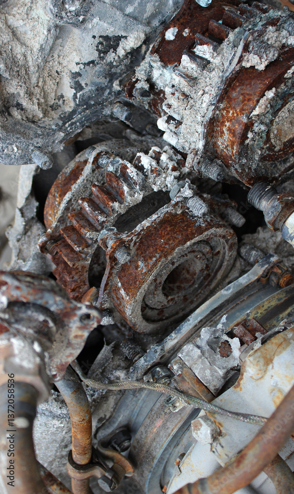 Fototapeta premium The moving parts of the old engine are covered with rust and oxide. The old engine has been standing outside for a long time 