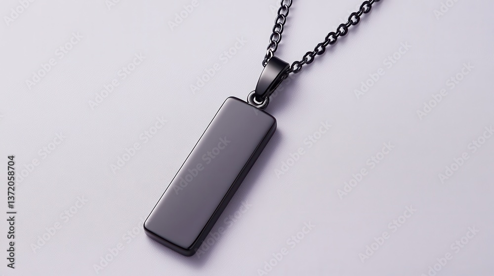 Fototapeta premium Sleek Pendant Necklace: A minimalist aesthetic, featuring a contemporary black pendant suspended from a matching chain, casting shadows.