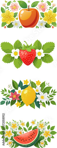 Summer Fruit Medley: Vibrant illustrations of an apple, strawberry, lemon, and watermelon, each artfully framed by an arrangement of leaves and flowers.