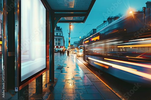 White Bus Stop Billboard Poster in a Station with Cars in Moving in the Background Front View