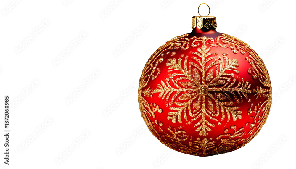 A red and gold Christmas bauble with intricate snowflake patterns, isolated on transparent background