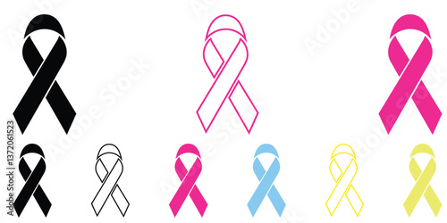 Breast cancer awareness ribbon icon vector set, breast cancer awareness ribbons in outline and fill style isolated on white background.