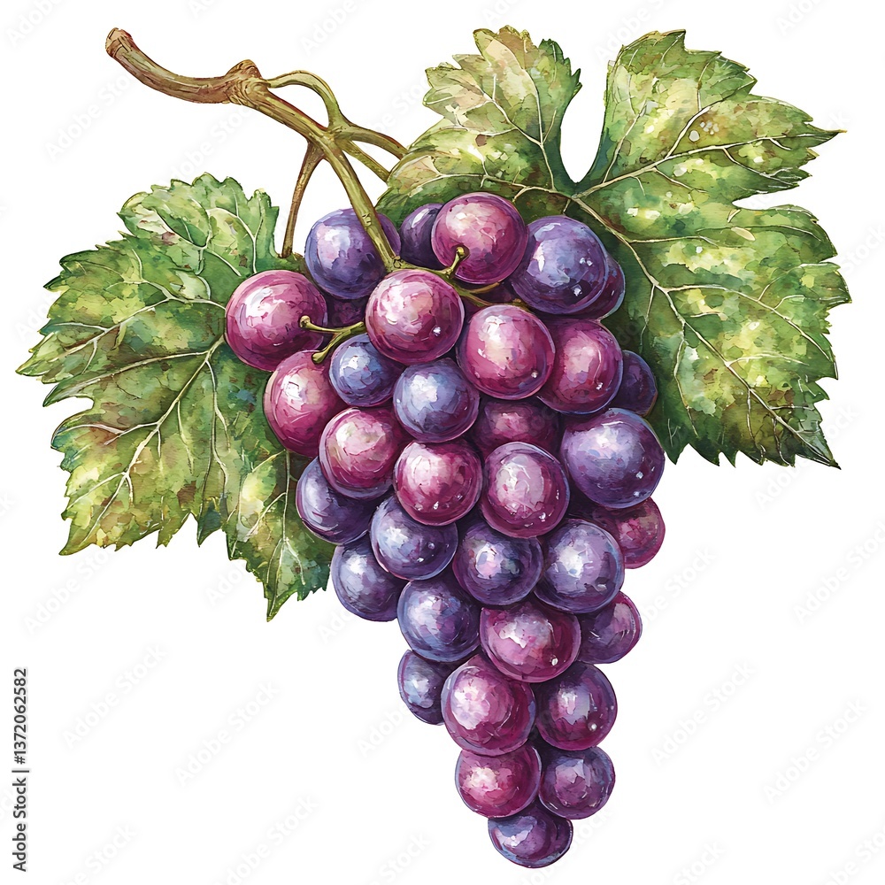 Fototapeta premium A Detailed Illustration of a Bunch of Red Grapes with Lush Green Leaves.