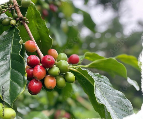 Wallpaper Mural depicts coffee cherries (the fruit of the coffee plant) on a branch, likely in a plantation or natural setting. Torontodigital.ca