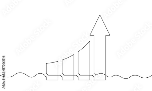 Continuous line drawing of graph. Single line art of increasing arrow up. Object one line of business growth. Minimalist vector illustration of bar chart. Flat icon, sign symbol