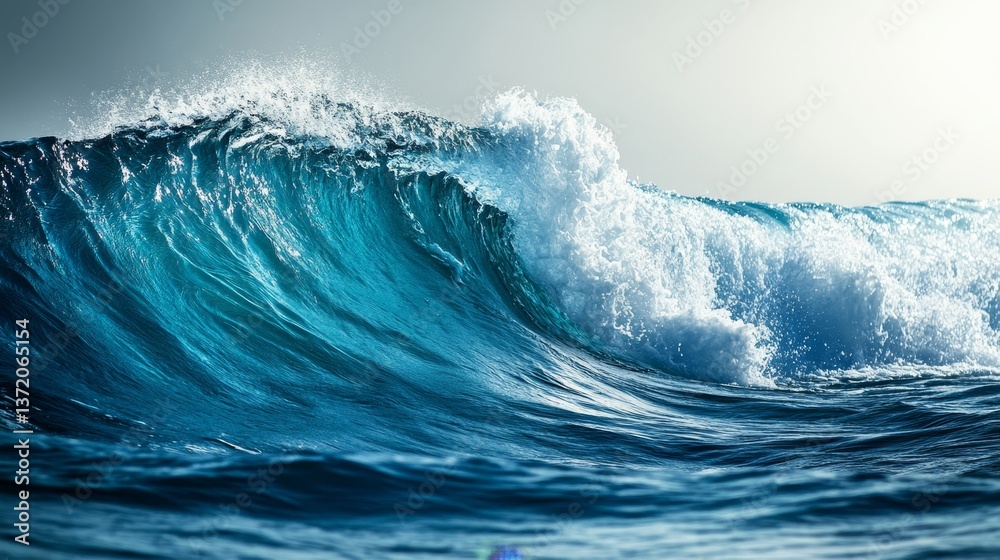 Fototapeta premium Dramatic profile of an ocean wave intense blue water frothing under the warm sun s glow