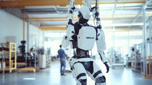 Wallpaper Mural Robotic exoskeleton helping workers in a factory with heavy lifting, high-tech exoskeletons aiding workers in lifting heavy parts in a factory, High-tech style Torontodigital.ca