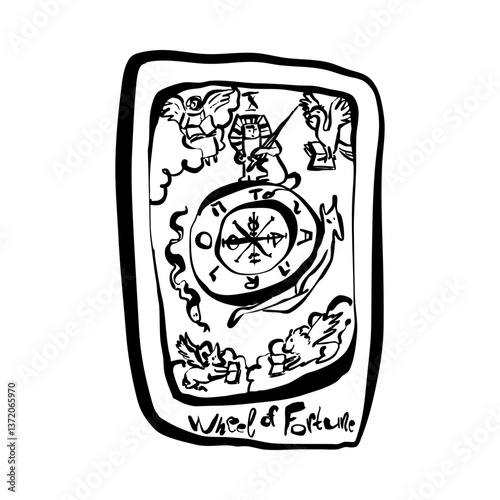 Wheel of Fortune, tarot card, major arcana, doodle drawing, vector, black and white illustration