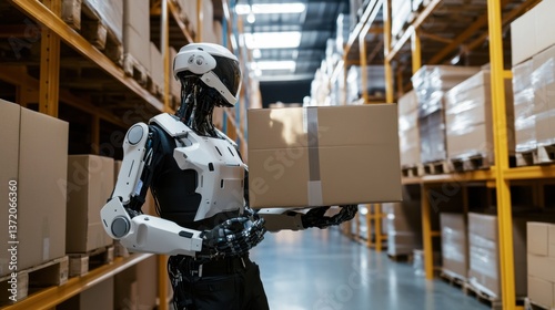Robotic exoskeleton helping workers in a warehouse with heavy lifting, high-tech warehouse setting with workers using robotic exoskeletons to lift boxes, High-tech style