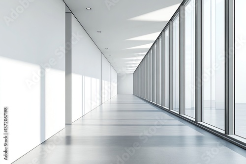 Modern Office Corridor: Sunlight Streams Through Glass Walls, Creating a Bright and Airy Atmosphere, Minimalist Design.
