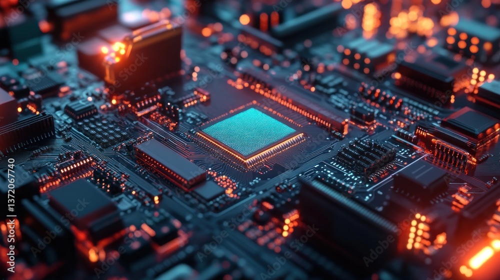 High-tech circuit board with central processor. Complex electronic components, illuminated with glowing orange and blue lights, create a detailed image of advanced technology High-tech circuit board with central processor. Complex electronic components, illuminated with glowing orange and blue lights, create a detailed image of advanced technology