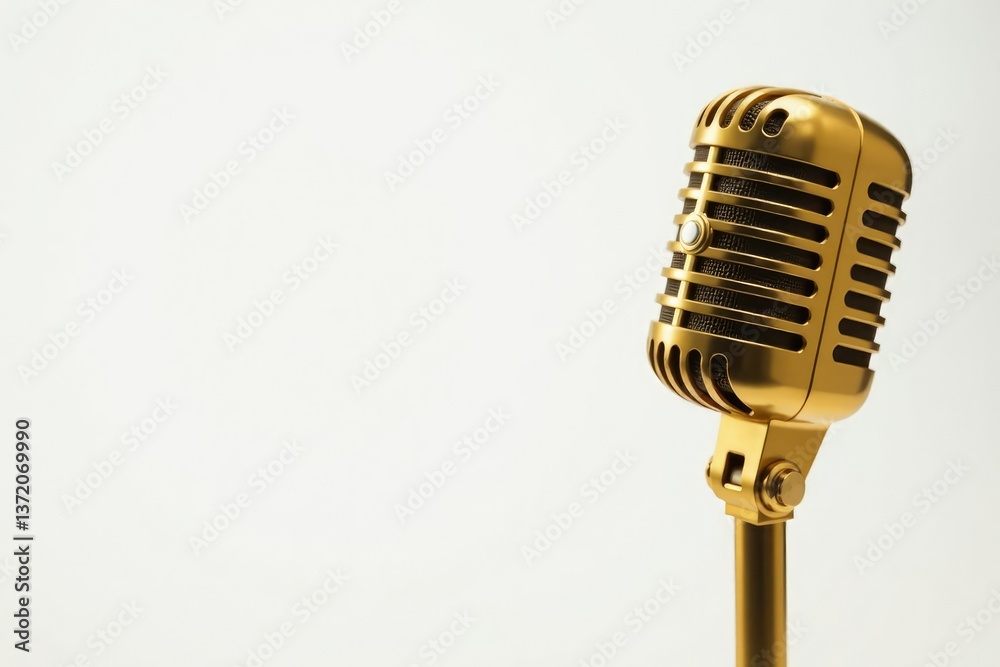 Fototapeta premium Close-up shot of a single gold microphone on white background, hip hop, single, luxury