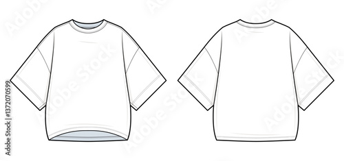 Oversized Boxy T-Shirt Technical Fashion Illustration. Relaxed-Fit Tee Vector Template. Front and Back View. Dropped Shoulders. Casual Streetwear. CAD Mockup Set.