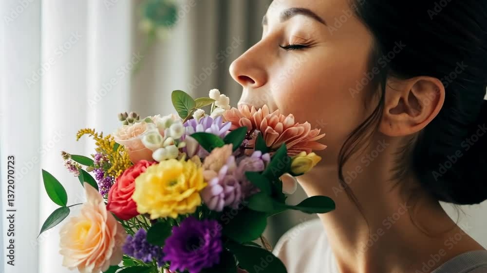 Woman joyfully inhales fragrant bouquet in soft daylight with serene expressions Woman joyfully inhales fragrant bouquet in soft daylight with serene expressions