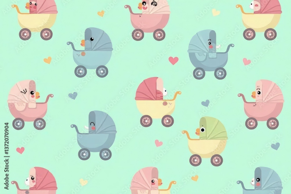Cute cartoon strollers, pastel colors, repeating pattern, modern, textile, vector Cute cartoon strollers, pastel colors, repeating pattern, modern, textile, vector