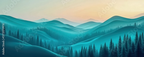 Scenic blue art captures nature's landscape. Teal sky kisses the hills, where mountains meet trees. This beautiful scene is full of art.