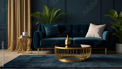 Elegant Harmony: Dark Blue Living Room with Gold and Green Accents