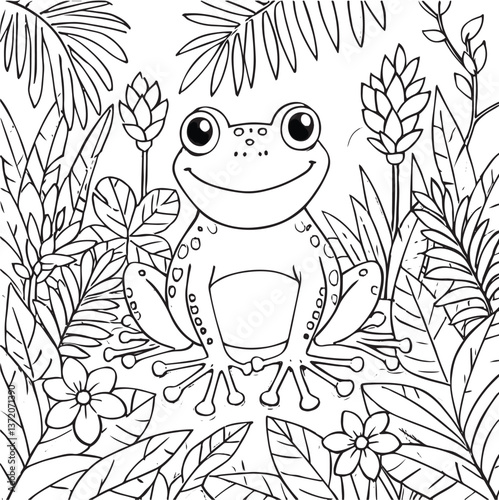 Cute cartoon frog sitting on a branch in a vector illustration coloring page 