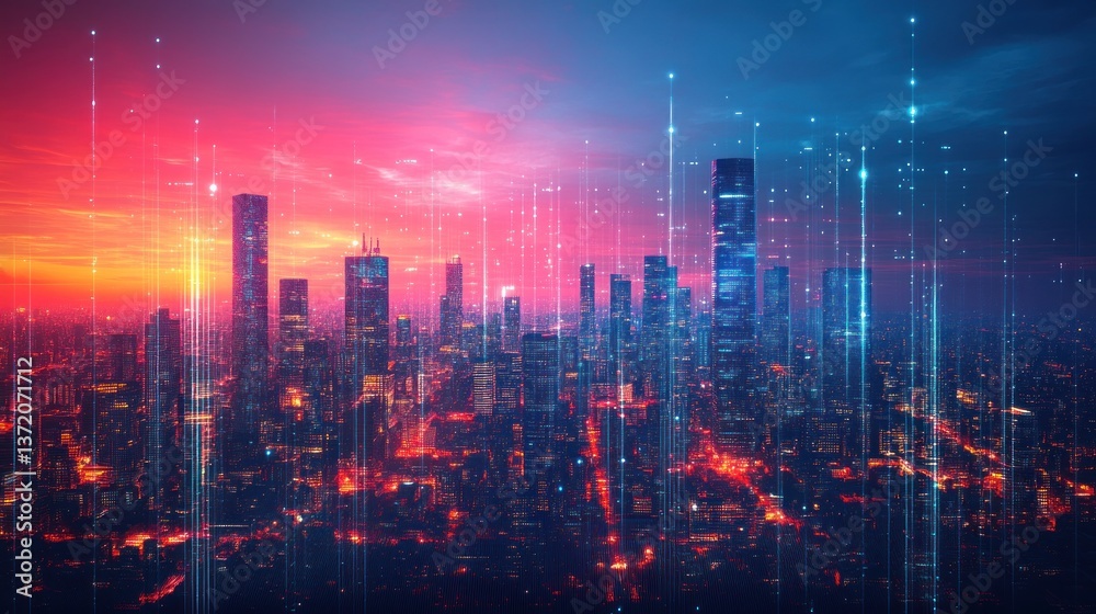futuristic cityscape with glowing data streams a vibrant blend of technological advancement and urban connectivity at twilight futuristic cityscape with glowing data streams a vibrant blend of technological advancement and urban connectivity at twilight