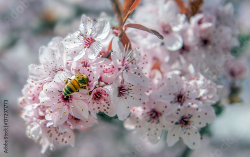 closeup of a bee foraging on the flowers of an ornamental cherry tree at spri...