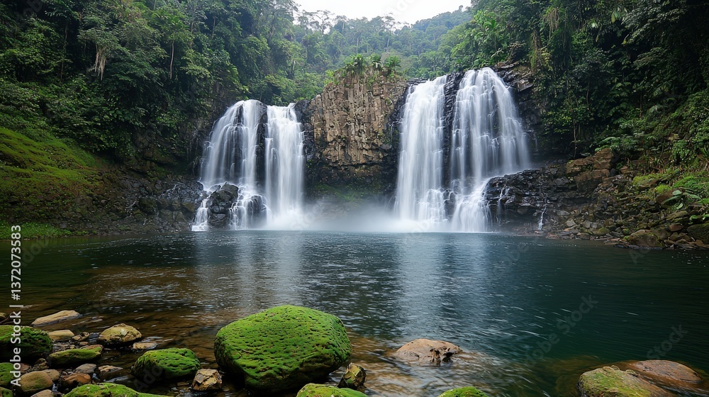 Obraz premium A stunning waterfall cascades into a serene pool, surrounded by lush greenery and rocky terrain, creating a tranquil natural oasis.