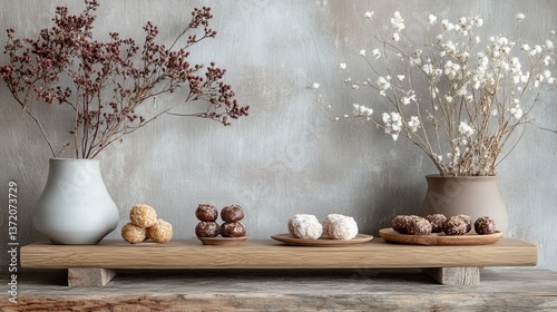 Rustic Wooden Shelf with Handmade Sweets and Elegant Decor