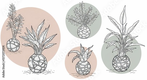 Kokedama plants in decorative balls against pastel backgrounds  