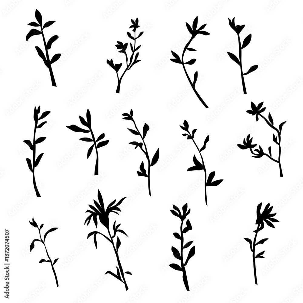 Vector silhouettes of grass with leaves, bush branches with leaves, black color, isolated on a white background
