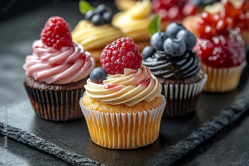 Vivid close-up of assorted mini cupcakes and pastries with fruit, on a black slate in a line, against a dark background. Studio food photo. Vivid close-up of assorted mini cupcakes and pastries with fruit, on a black slate in a line, against a dark background. Studio food photo.