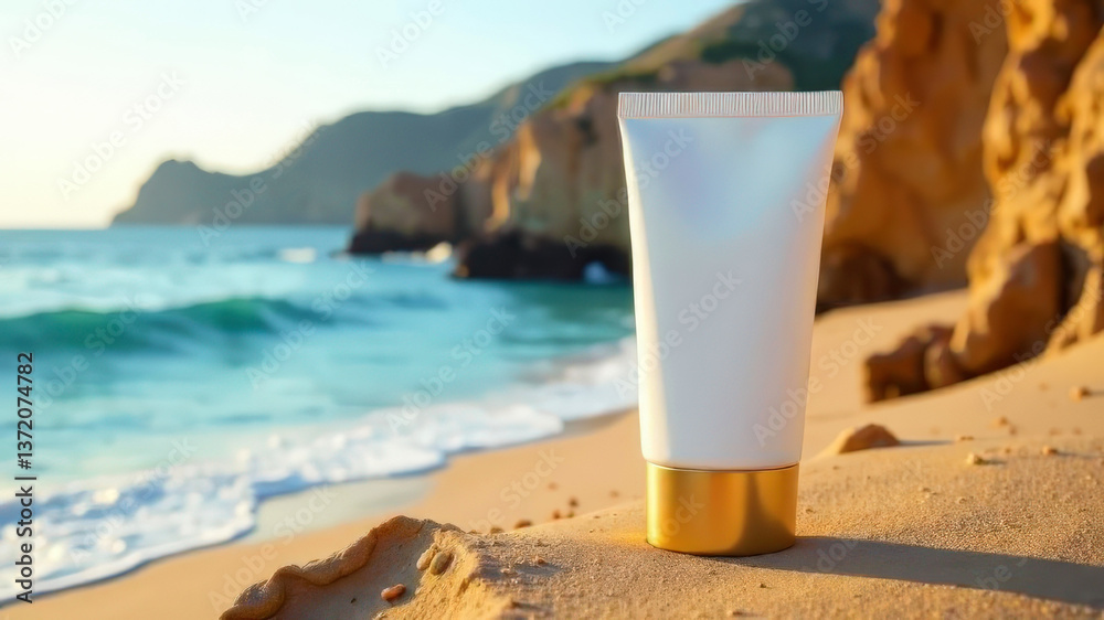 Mockup of white cosmetic tube with gold cap on beach sand, natural photography style, ocean waves and rocky cliffs in the background, skincare concept Mockup of white cosmetic tube with gold cap on beach sand, natural photography style, ocean waves and rocky cliffs in the background, skincare concept