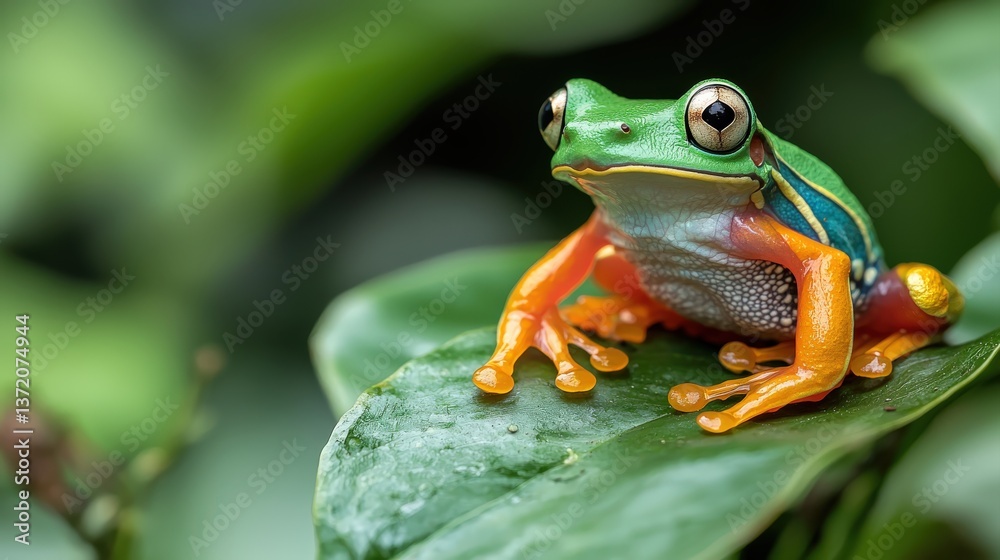 Obraz premium A vibrant frog perched on a green leaf, showcasing its colorful skin and striking features against a blurred natural background.