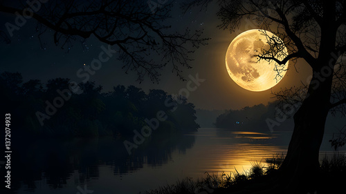 Moonlit Serenity: A Tranquil Night over a Reflective Lake