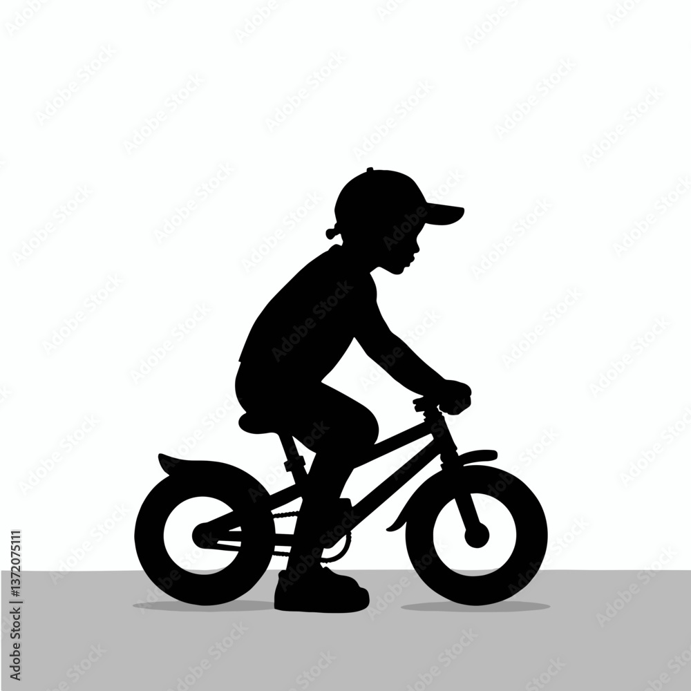 Fototapeta premium Silhouette of a child riding a bicycle in profile on a light background