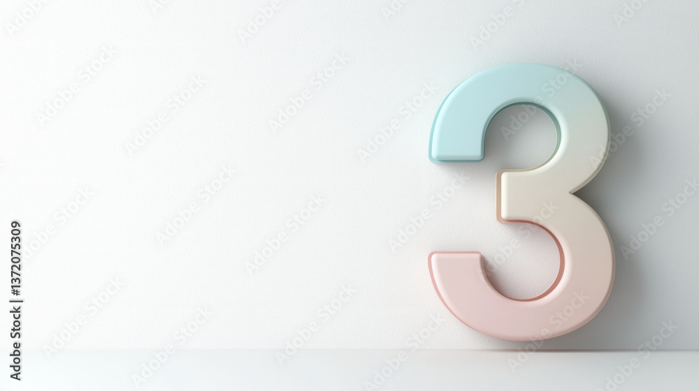 Soft and minimalist 3D number three in pastel colors, creating calm and modern aesthetic
