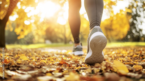 A close-up of the feet and legs in running shoes, walking through an autumn park with fallen leaves.