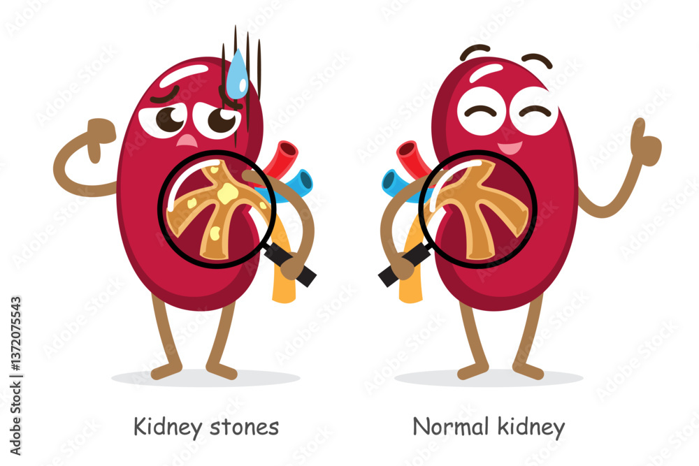 Obraz premium Kidney stones and normal kidney . Funny medical renal cartoon characters . Isolated white background . Vector .