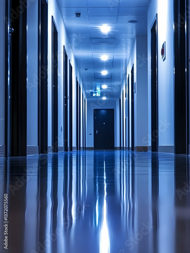 Long Blue Office Hallway with Reflective Floor and Minimalist Design