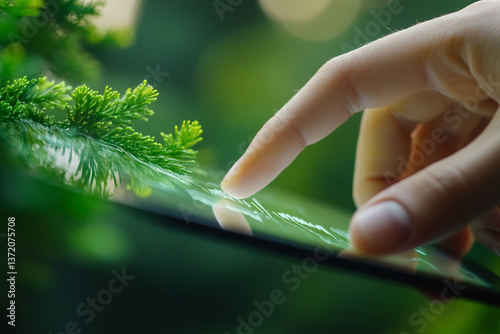 A close-up shot of hands holding a tablet displaying a photograph of lush foliage, set against a backdrop of real green plants