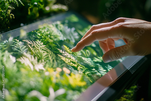 A close-up shot of hands holding a tablet displaying a photograph of lush foliage, set against a backdrop of real green plants