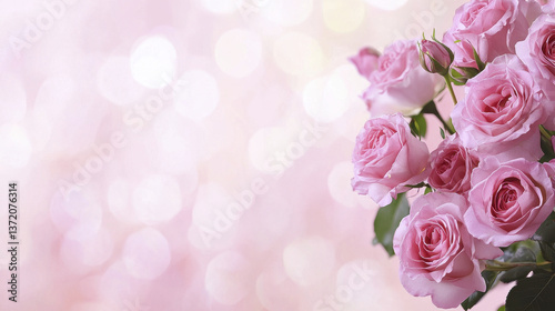 Beautiful pink roses with soft bokeh background create romantic and serene atmosphere, perfect for any occasion