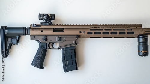 Modern Firearm with Tactical Accessories on Neutral Background