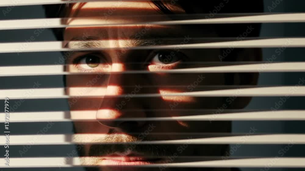 Man gazing through window blinds with changing light patterns in an introspective mood